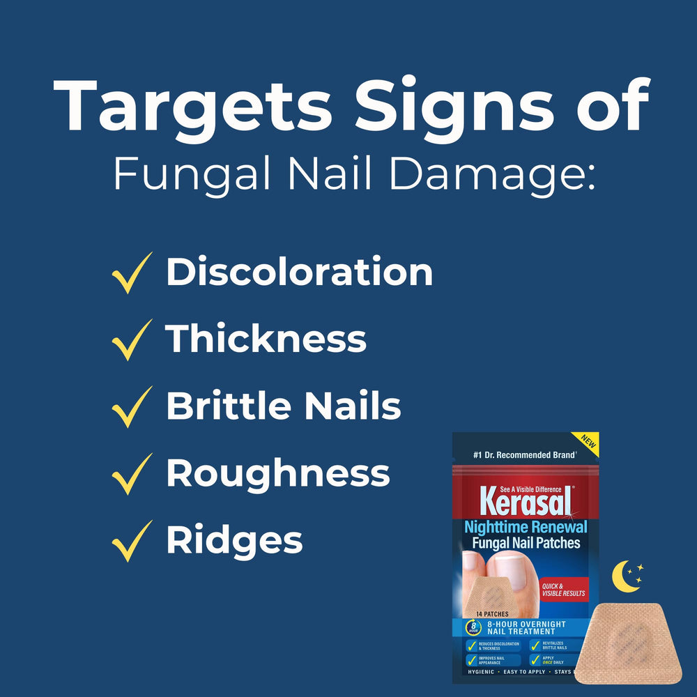 Kerasal Nighttime Renewal Patch on a fingernail for overnight treatment.