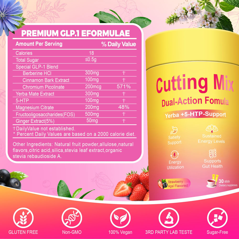 Kereeao Cutting Drink Mix box back explains natural ingredients for balanced energy and appetite signaling.