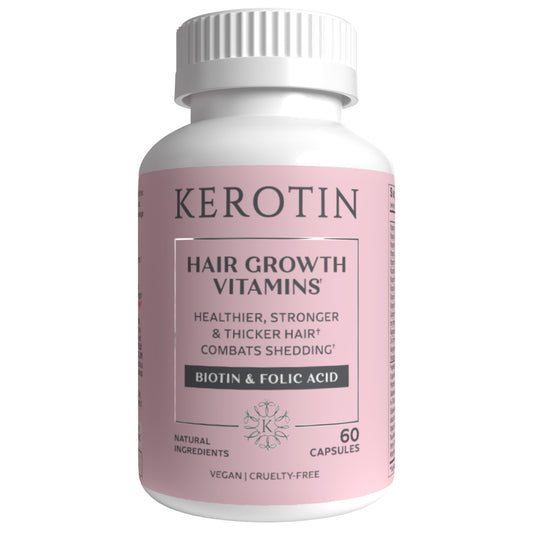 Kerotin hair growth vitamins bottle promoting daily hair health support.