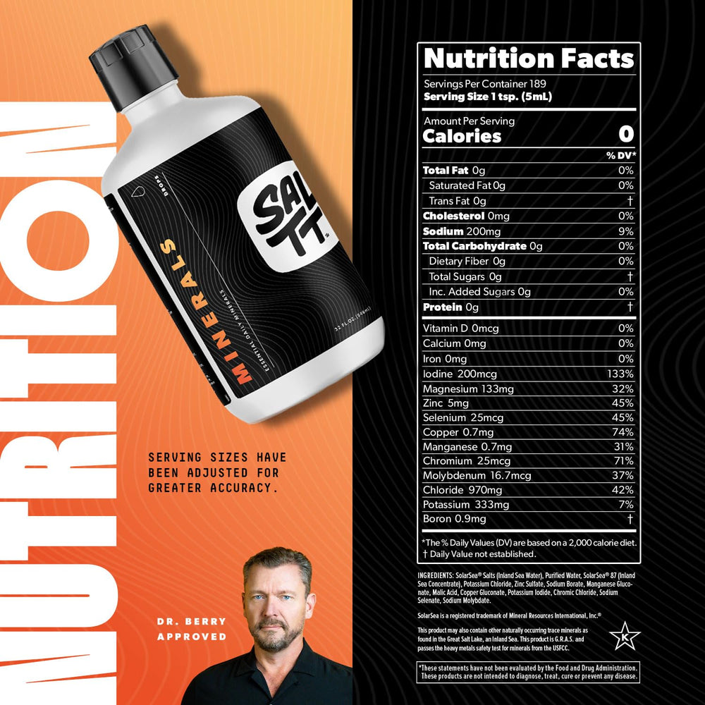 Vegan, gluten-free, non-GMO badge on SALTT minerals packaging.
