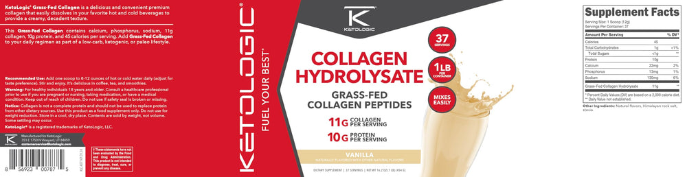 Ketologic vanilla collagen powder label shows NSF GMP insignia close-up