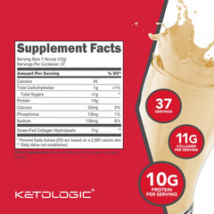 Ketologic vanilla collagen powder scoop shows serving size for daily protein