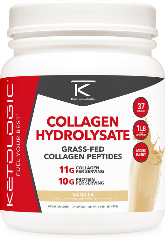 Ketologic vanilla collagen powder tub is ready to mix into beverages