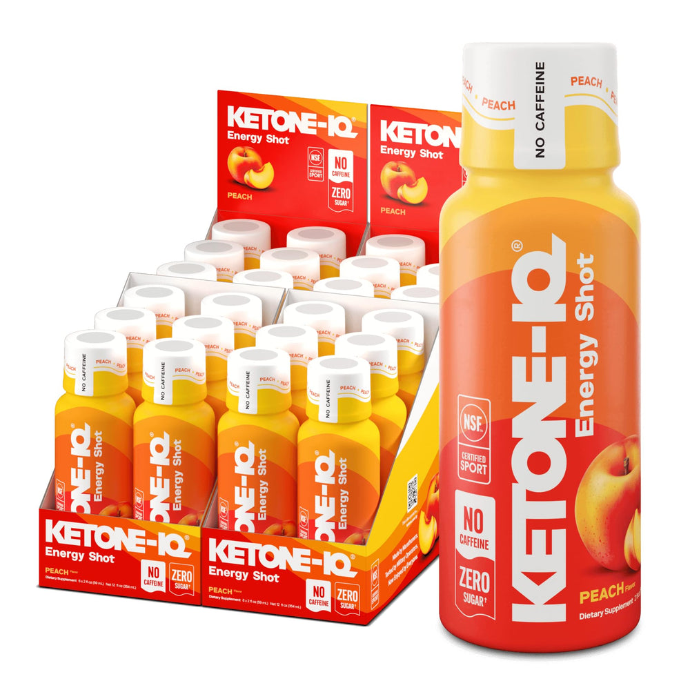 Ketone-IQ Peach Shot bottle on desk highlighting focused energy