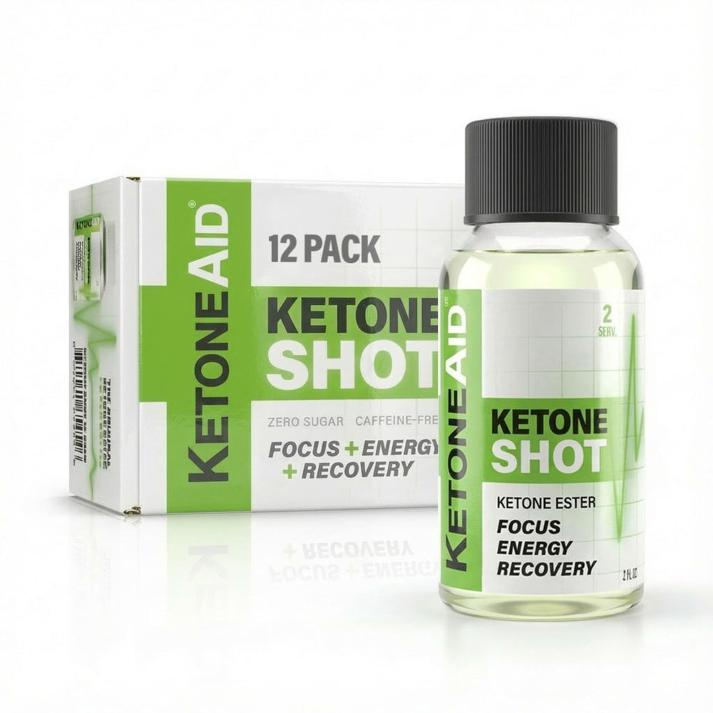 KetoneAid Ketone Shot bottle highlights no caffeine for steady energy.