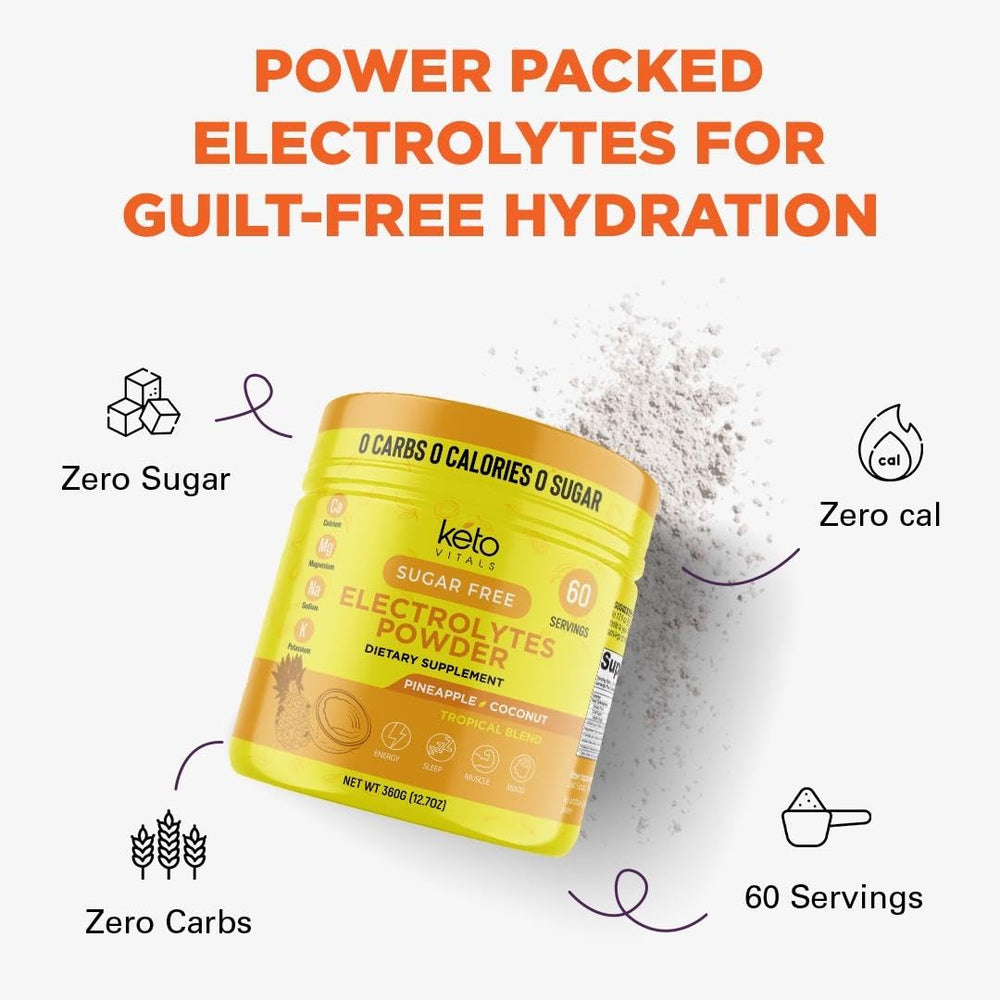 Keto Vitals Electrolytes no-sugar label emphasizes sugar-free hydration choice