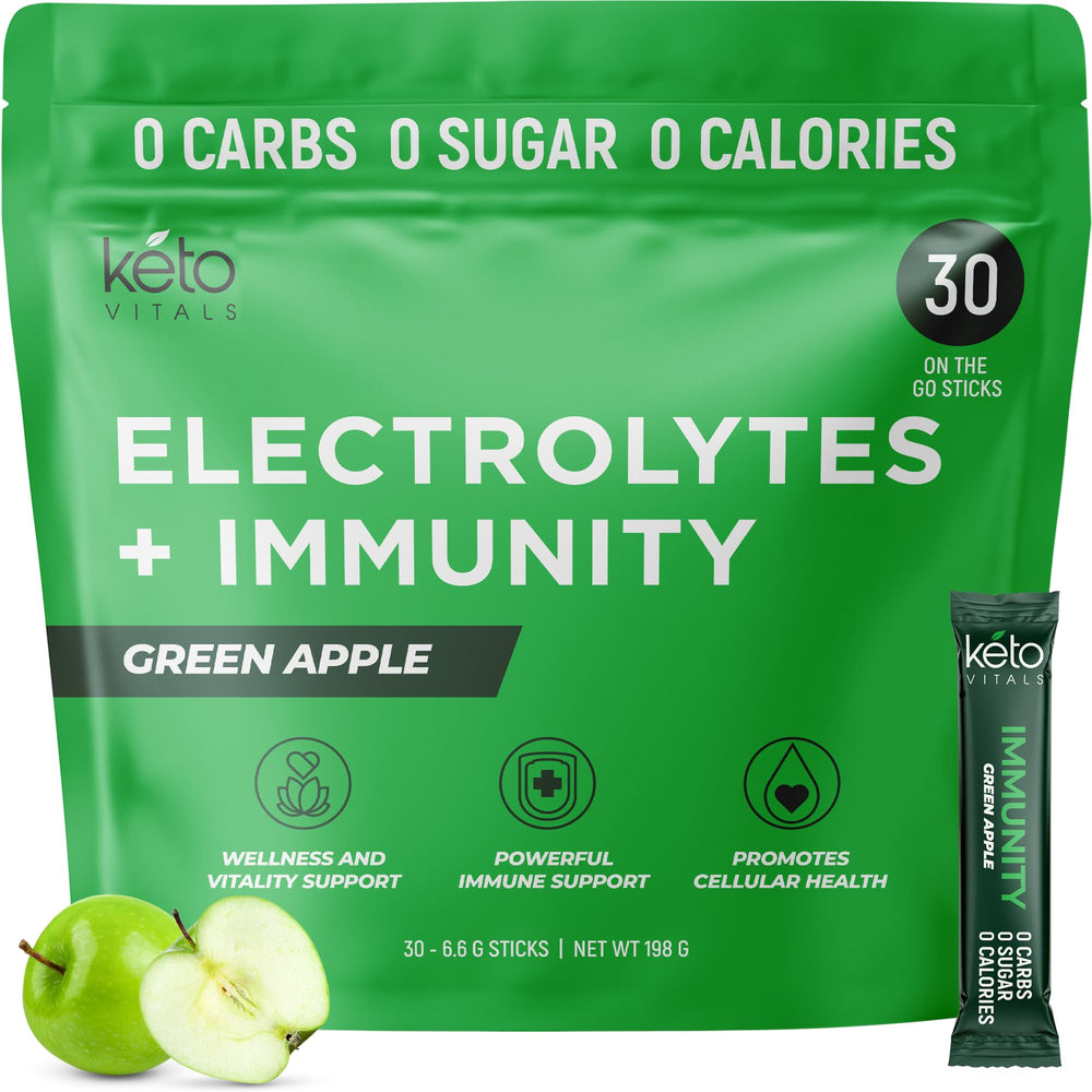 Keto Vitals green apple electrolyte powder bottle for refreshing immune support.