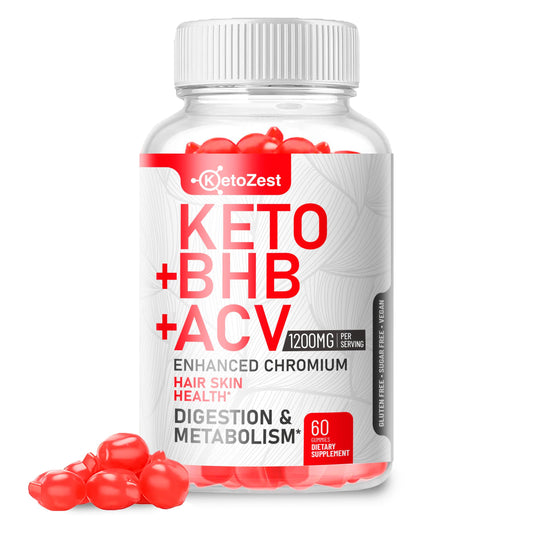 KetoZest Keto ACV BHB gummies bottle showing sugar-free vegan formula for keto support.