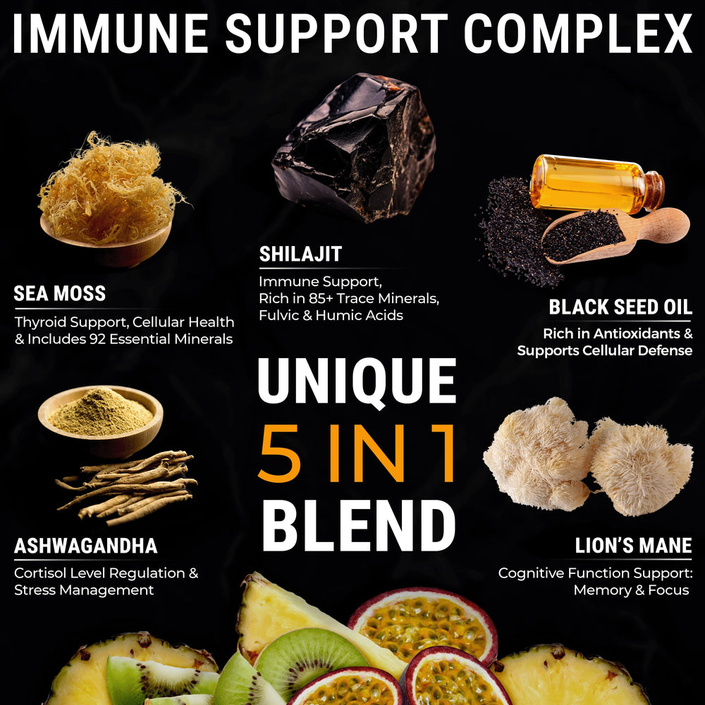 KEY ELEMENTS Sea Moss and Shilajit blend, rich minerals for vitality.