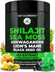 KEY ELEMENTS Shilajit Gummies jar with sea moss, convenient daily supplement.
