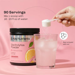KEY NUTRIENTS pink lemonade electrolytes label close-up highlighting ingredients.