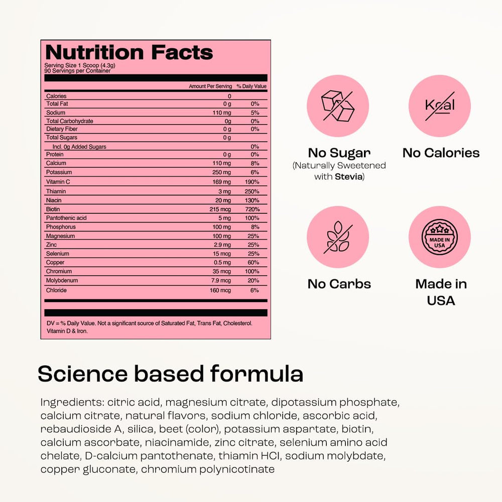 KEY NUTRIENTS pink lemonade electrolytes pouring into water bottle for quick mix.