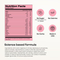 KEY NUTRIENTS pink lemonade electrolytes pouring into water bottle for quick mix.