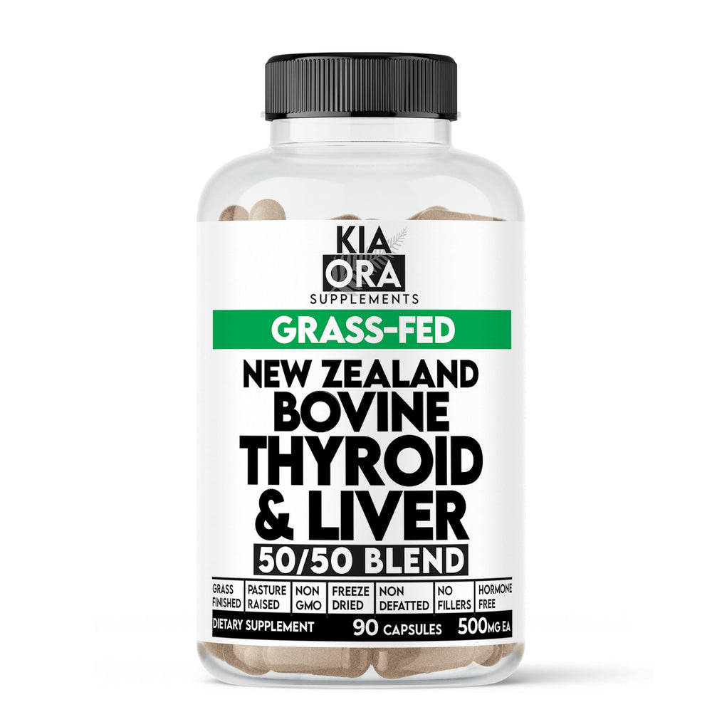Kia Ora Supplements bottle showing 90-count beef thyroid and liver capsules for energy balance.