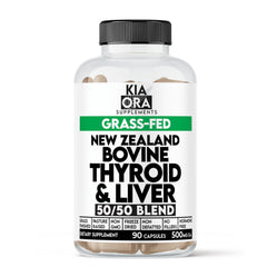 Kia Ora Supplements bottle showing 90-count beef thyroid and liver capsules for energy balance.