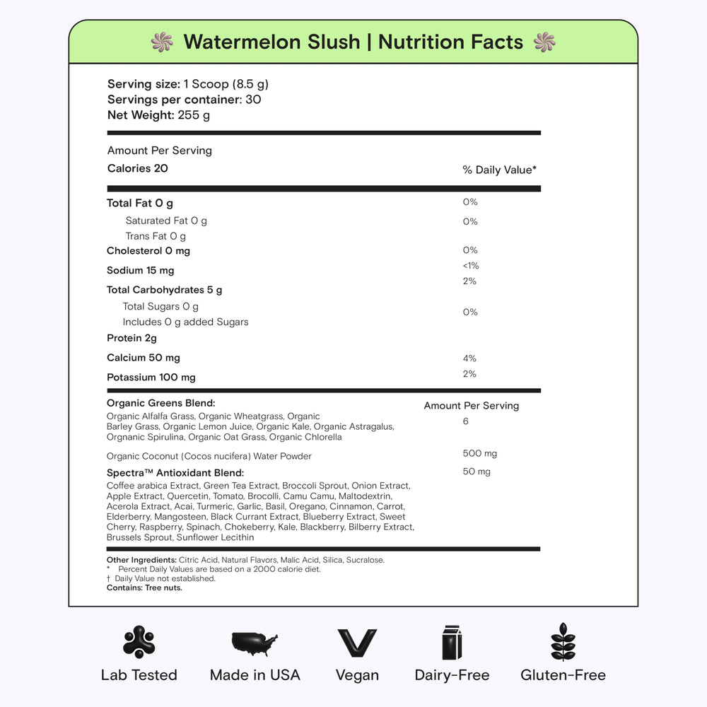 Kiala Nutrition Super Greens flavor collage showcases seven tasty options for variety.