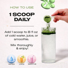 Kiala Nutrition Super Greens being mixed in a glass for a bright lemon drink.