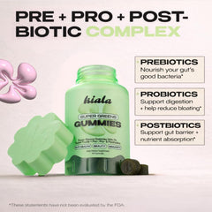 Kiala Nutrition Super Greens Gummies bottle and ingredients list.