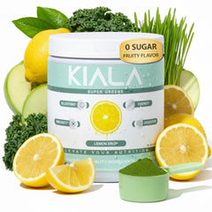 Kiala Nutrition Super Greens lemon drop tub shows daily energy support in a refreshing blend.