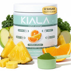 Kiala Nutrition Super Greens Tropical Splash canister ready to mix for daily energy.