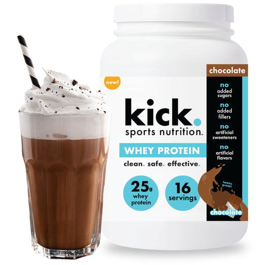 Kick Whey Protein Chocolate container ready for a post-workout shake.