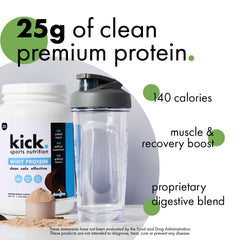 Kick Whey Protein Chocolate scoop pouring powder into a shaker bottle.