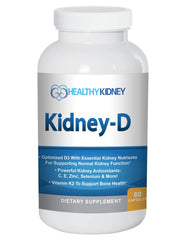 Kidney-D bottle front displays label with vitamin D and kidney nutrients for daily support.