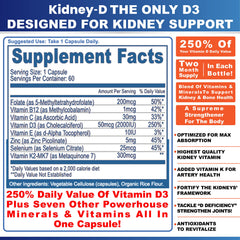Kidney-D label info reveals Vitamin D3 and seven nutrients for kidney support.