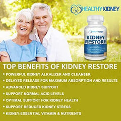 Kidney Restore delayed-release sodium bicarbonate label illustrates acid neutralization for renal comfort
