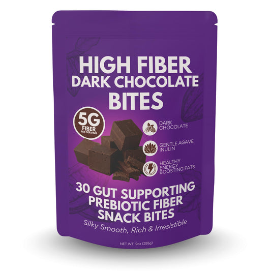 Kidney Restore high-fiber dark chocolate bites bag closeup, silky texture for a gut-friendly snack.