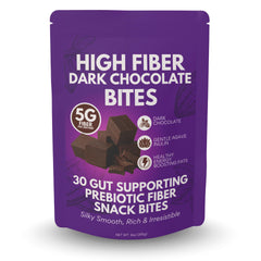 Kidney Restore high-fiber dark chocolate bites bag closeup, silky texture for a gut-friendly snack.