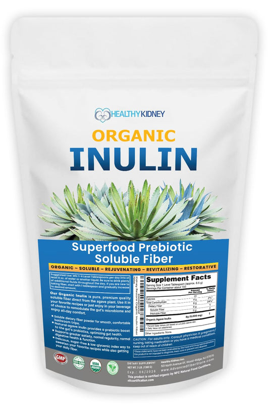 Kidney Restore Organic Inulin Powder bottle front, plant-based prebiotic for gentle digestion.