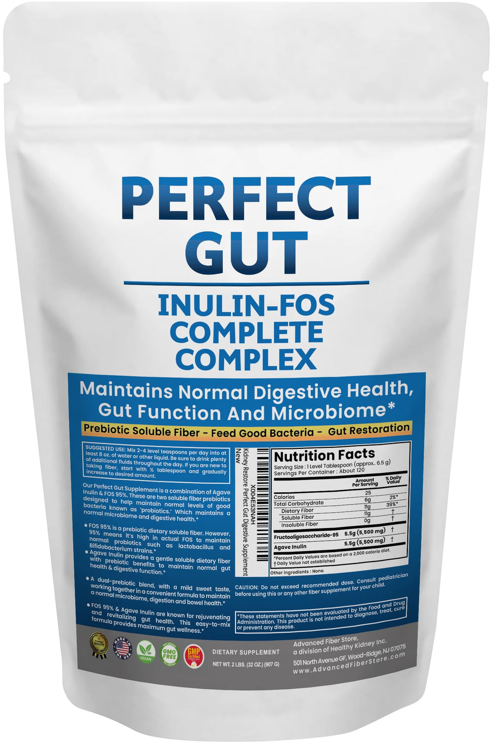 Kidney Restore Perfect Gut powder tub shows a high-prebiotic blend for gut health.