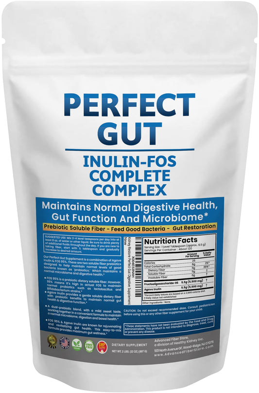 Kidney Restore Perfect Gut powder tub shows a high-prebiotic blend for gut health.