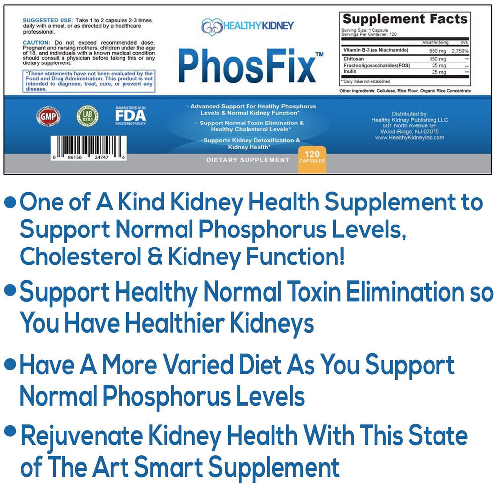 PhosFix packaging highlighting niacinamide and chitosan for phosphorus balance