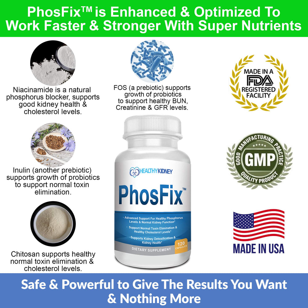 PhosFix pills inside bottle illustrating a natural phosphorus binder for kidney health