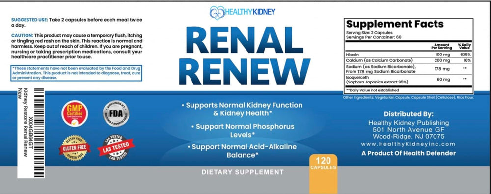 Promotional overlay for Renal Renew highlights 120 capsules and value.