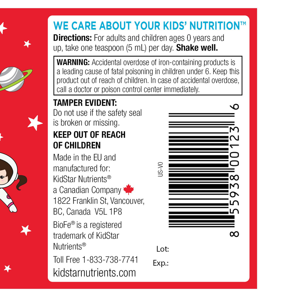 KidStar BioFe+ iron liquid family-use bottle on kitchen counter.