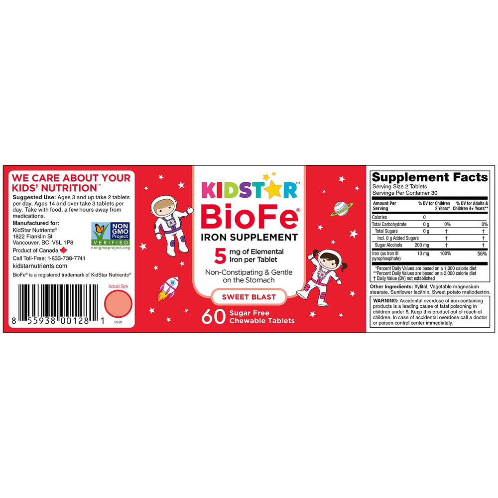 KidStar BioFe Pure Iron chewable Sweet Blast packaging highlights a sugar-free flavor.