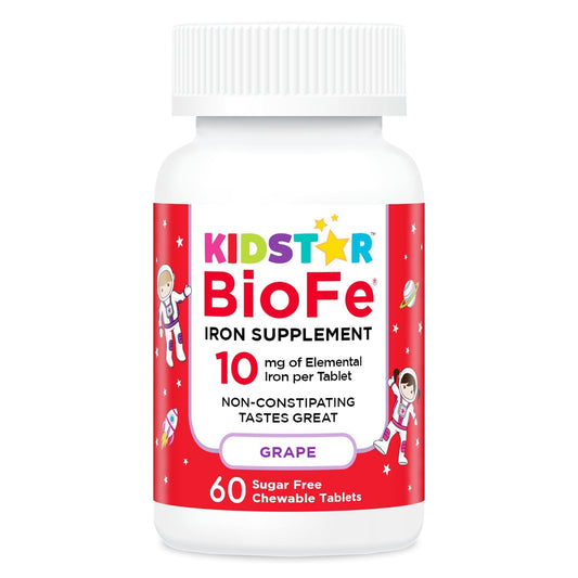 KidStar Nutrients BioFe Pure Iron Chewables bottle with natural grape flavor for daily kid-friendly iron