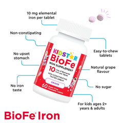 Natural grape flavor BioFe bottle label communicates a tasty, sugar-free iron option for kids
