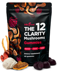 KIKI Green 12 Mushroom Gummies raspberry bottle highlighting 12-mushroom blend for daily focus