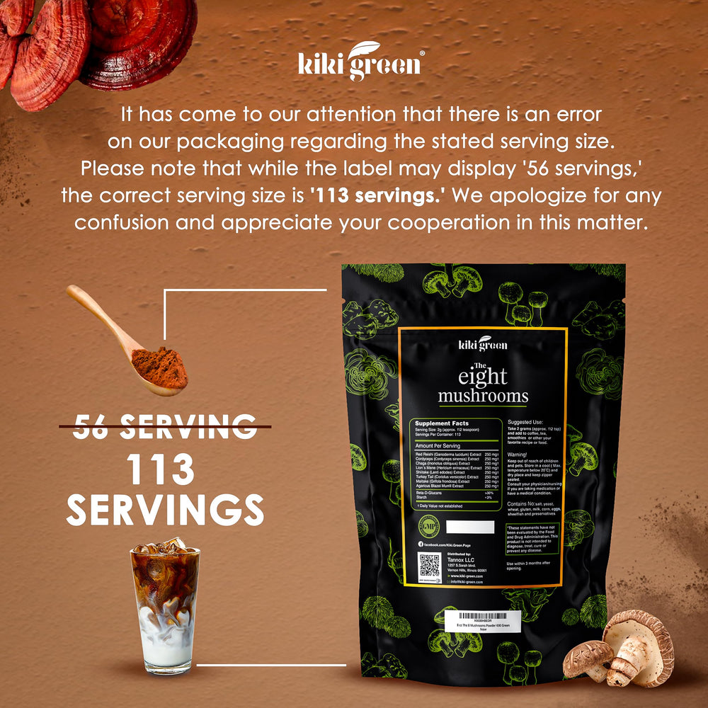 KIKI Green 8 Mushrooms Powder label showing blend details