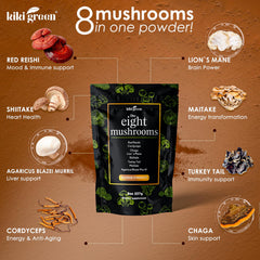 KIKI Green 8 Mushrooms Powder scoop beside the jar for precise mixing