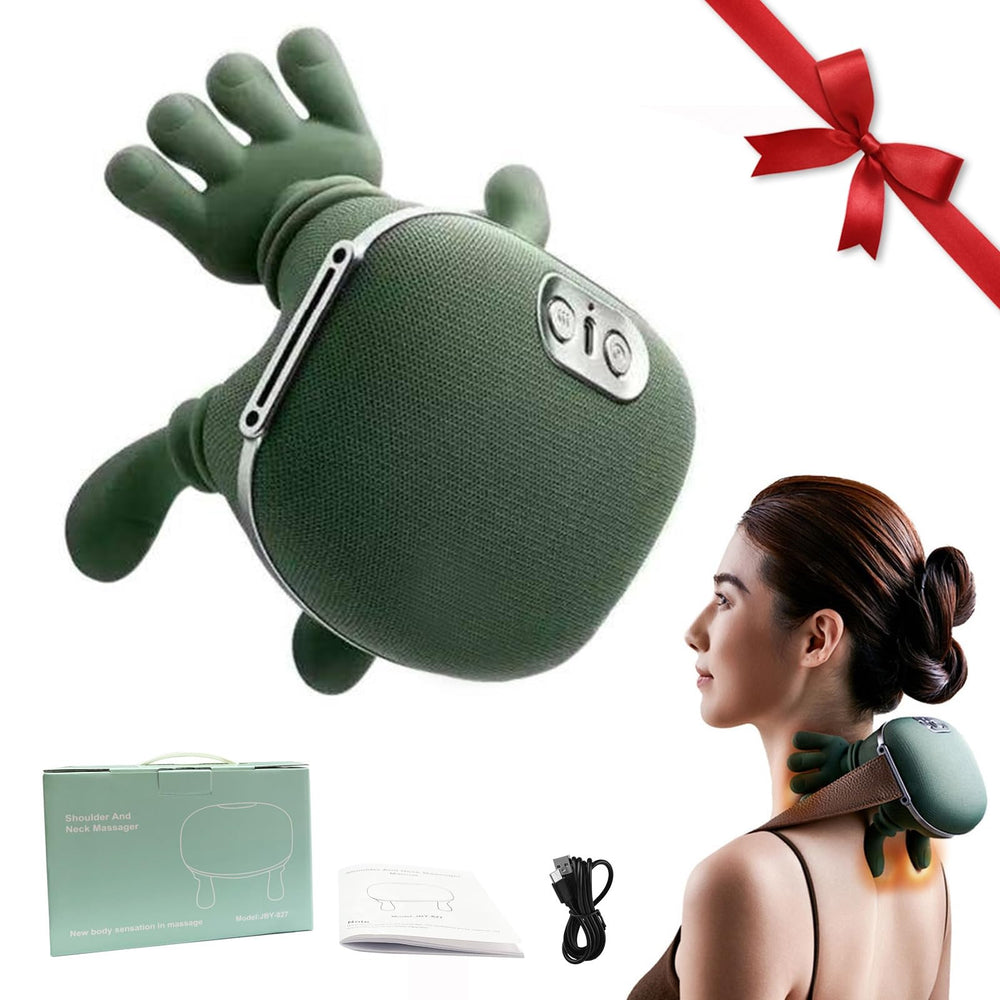 Kilicomy neck massager with heat showing palm-kneading action for neck relief