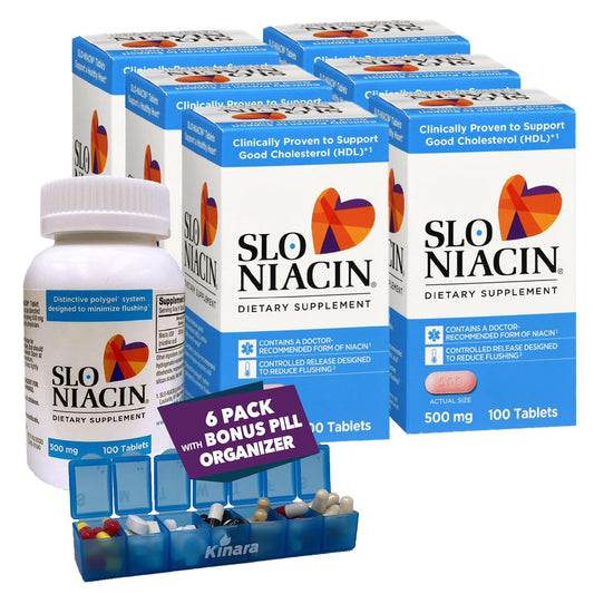 Kinara Slo Niacin 500 mg bottle with controlled-release tablets for heart health and energy support