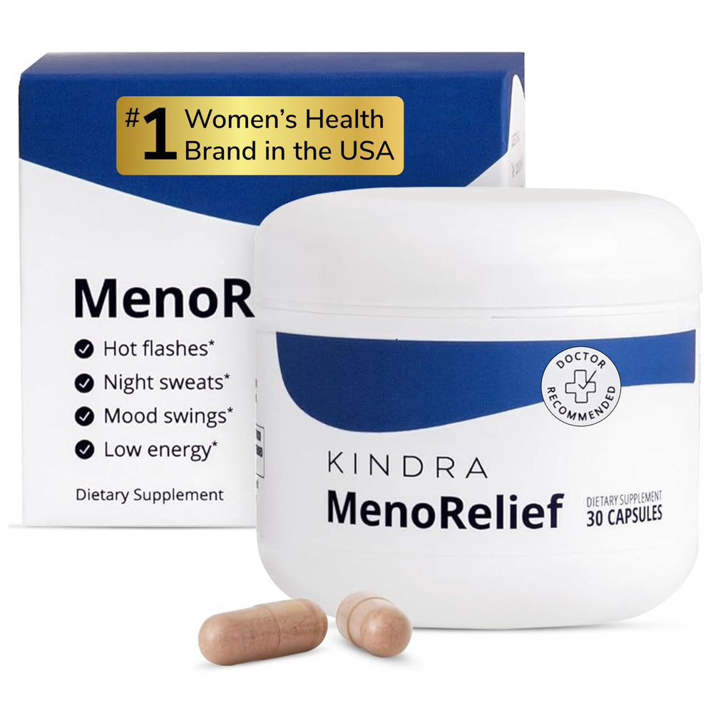 Kindra MenoRelief bottle close-up, daily capsule for menopause support.