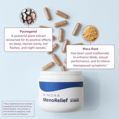 Kindra MenoRelief capsule in hand, convenient daily supplement for perimenopause comfort.