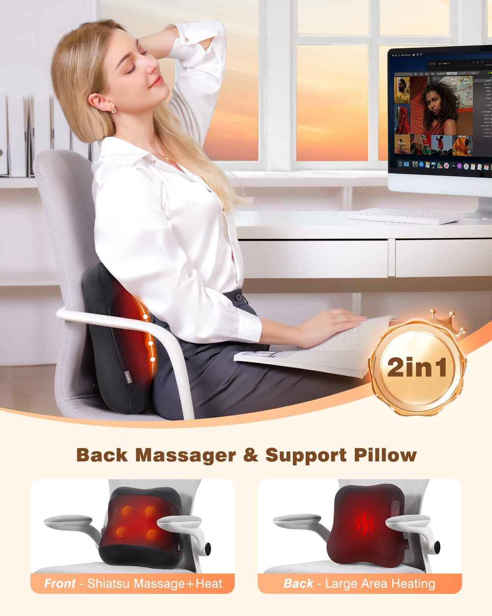 Cordless, portable back massager suitable for home, office, or car sessions.