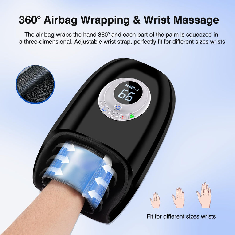 KINGJOY hand massager with cooling fan and adjustable heat for comfort.